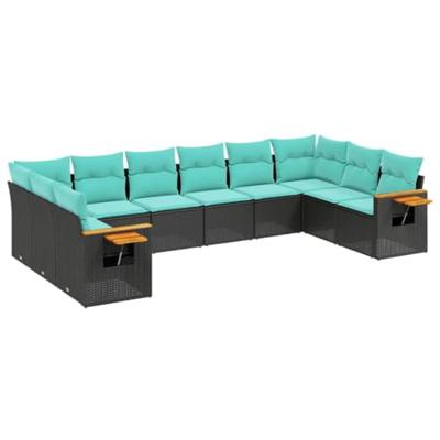 10-delige Loungeset met kussens poly rattan zwart - thumbnail