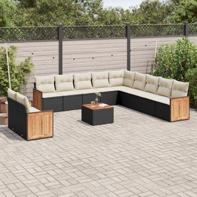 11-delige Loungeset met kussens poly rattan zwart