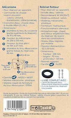 Toiletmechanismeset - ROUSSEAU - 3/6L - Robuust en compleet - NF-gecertificeerd - Stil en betrouwbaar