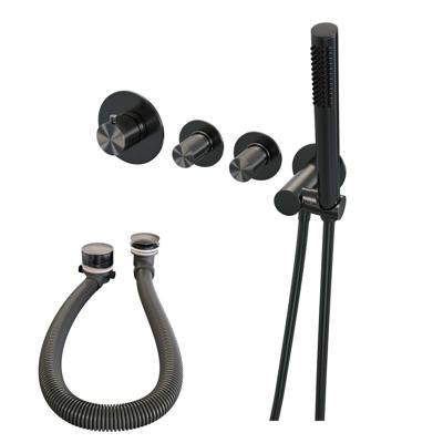 Gunmetal Carving thermostatische inbouw badkraan SET 01 - compleet met badvulcombinatie, staaf handdouche, doucheslang en wandaansluitbocht - gunmetal geborsteld PVD