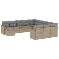 12-delige Loungeset met kussens poly rattan gemengd beige - thumbnail