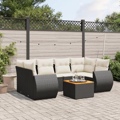 7-delige Loungeset met kussens poly rattan zwart
