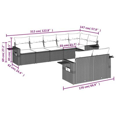 8-delige Loungeset met kussens poly rattan zwart - thumbnail