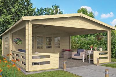 Tuindeco Sheffield Blokhut 540x540 cm + overkapping 423 cm 58 mm vuren blank- Zadeldak- Onbehandeld vurenhout- Tuindeco