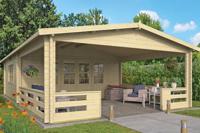 Tuindeco Sheffield Blokhut 540x540 cm + overkapping 423 cm 58 mm vuren blank- Zadeldak- Onbehandeld vurenhout- Tuindeco - thumbnail