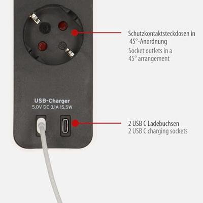 Ecolor 4-weg stekkerdoos met 2 USB-oplaadaansluitingen (meervoudige stekkerdoos USB C met schakelaar - thumbnail