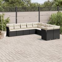 10-delige Loungeset met kussens poly rattan zwart - thumbnail