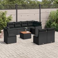 9-delige Loungeset met kussens poly rattan zwart - thumbnail