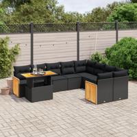 10-delige Loungeset met kussens poly rattan zwart - thumbnail