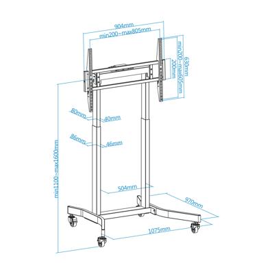 TOOQ FSM02-B LUX vloerstatief met wielen met elektrische hoogteverstelling voor schermen van 55-100 inch, zwart