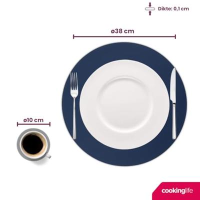 Cookinglife 6 Placemats + 6 Onderzetters - Dubbelzijdig - Rond - Vegan leer - Blauw / Grijs
