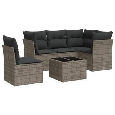 6-delige Loungeset met kussens poly rattan grijs