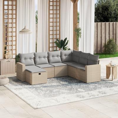 7-delige Loungeset met kussens poly rattan gemengd beige