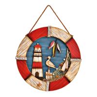 Hanger reddingsboei, vuurtoren, maritiem, van hout, gekleurd (B/H/D) 36x36x3cm - thumbnail