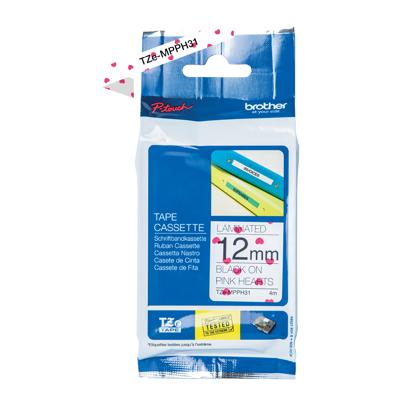 Etiketten Brother TZe, TZ TZe-MPPH31 Tapekleur: Wit (met roze harten) Tekstkleur:Zwart 12 mm 4 m