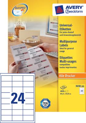 Avery-Zweckform 3658-200 Universele etiketten 64.6 x 33.8 mm Papier Wit 4800 stuk(s) Permanent hechtend Laser (kleur), Laser (zwart/wit), Kopiëren (kleur),