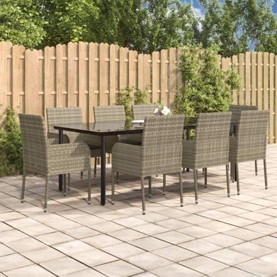 9-delige Tuinset met kussens poly rattan zwart en grijs