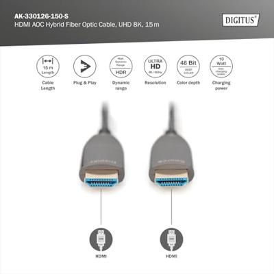 Digitus AK-330126-150-S HDMI-kabel HDMI Aansluitkabel HDMI-A-stekker, HDMI-A-stekker 15.00 m Zwart 8K UHD, Afgeschermd (dubbel)