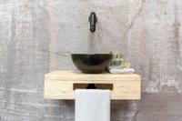 Saniclear Seba fonteinset met eiken plank, zwarte waskom en zwarte kraan voor in het toilet - thumbnail