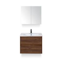 Porto Badmeubelset 70 cm - Walnoot - Keramische Wastafel Wit Slim - met Spiegelkast - thumbnail