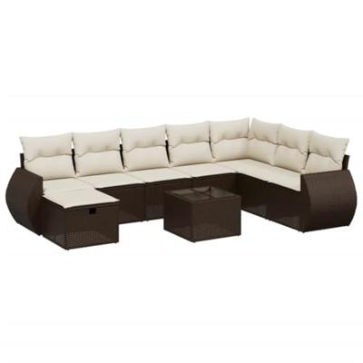 9-delige Loungeset met kussens poly rattan bruin