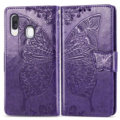Butterfly Love bloemen reliëf horizontale Flip lederen case voor Galaxy A40 met houder & kaartsleuven & portemonnee & Lanyard (donker paars)