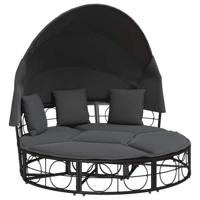 Loungebed met luifel en kussens poly rattan zwart - thumbnail