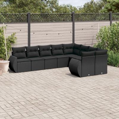 10-delige Loungeset met kussens poly rattan zwart - thumbnail
