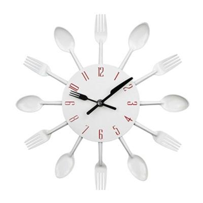 Bestek metalen keuken Wandklok lepel vork creatieve kwarts muur gemonteerde klokken modern design decoratieve horloge wit