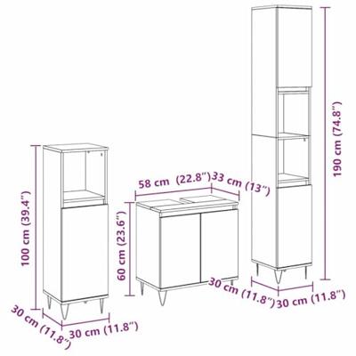 3-delige Badkamermeubelset Zwart Eiken Bewerkt Hout