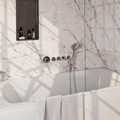 Chrome Carving thermostatische inbouw badkraan SET 02 met uitloop en handdouche, doucheslang en chroom wandaansluitbocht Chrome Carving thermostatische inbouw badkraan SET 02 met uitloop en handdouche, doucheslang en chroom wandaansluitbocht
