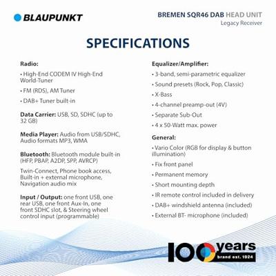 Blaupunkt Bremen SQR 46 DAB Autoradio enkel DIN DAB+ tuner, Bluetooth handsfree, Retrodesign