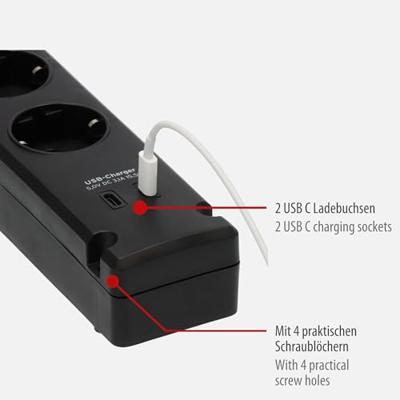 Bremounta stekkerdoos met 2 USB C laadaansluitingen 5x zwart 3m H05VVF3G1.5