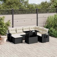 9-delige Loungeset met kussens poly rattan zwart - thumbnail