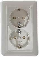 Dubbele Gira wandcontactdoos met randaarde en kinderbeveiliging zuiverwit glanzend 078303 - thumbnail