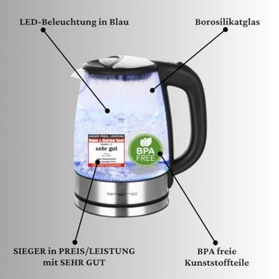 Emerio WK-119988 Glazen Waterkoker 1.7L 2200W RVS/Zwart - thumbnail