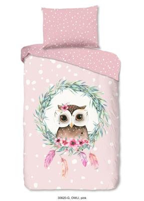 Good Morning Kinderdekbedovertrek "uil en veren" - Roze - (140x200/220 cm) - Katoen