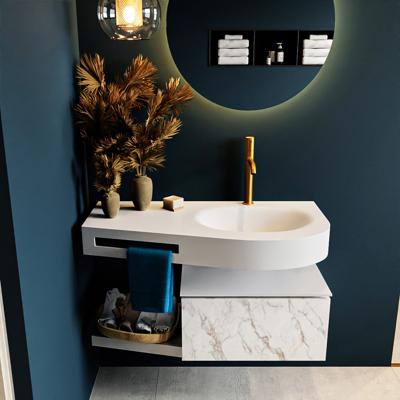 MONDIAZ RIVA 100cm badmeubel onderkast / planchet kleur carrara met 1 lade. Wastafel DULCET rechts 1 kraangat kleur Talc.