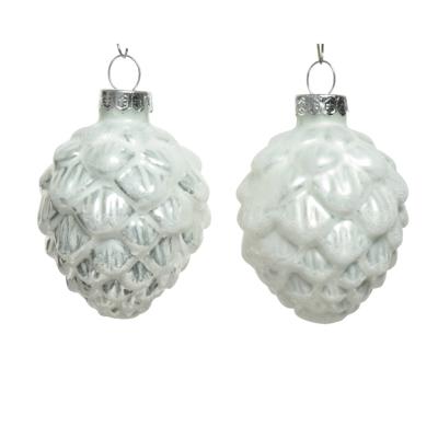 Decoris Kerstballen glas dennenappel 6st winterwit 5x7cm