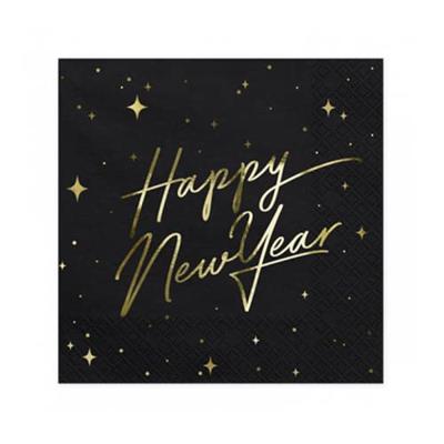 Happy New Year Servetten zwart/goud 20st