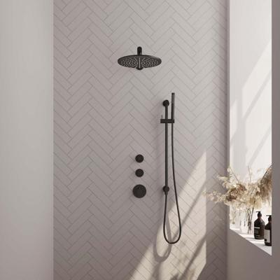 Regendoucheset Inbouw Brauer Black Carving Thermostatisch 30cm met Wandarm, Glijstang en Handdouche Staaf Losse Stopkranen Mat Zwart