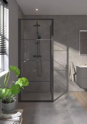 Saqu Devine industriële douchecabine met draaideur incl. antikalk 90x90x210cm mat zwart