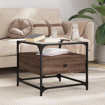 Salontafel met glazen blad 50x50x45 cm bruineiken staal