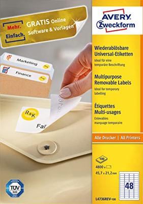 Avery-Zweckform L4736REV-100 Universele etiketten 45.7 x 21.2 mm Papier Wit 4800 stuk(s) Weer verwijderbaar Inkjet, Laser (zwart/wit), Laser (kleur), Kopiëren