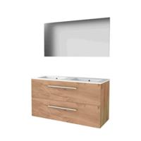 Basic-Line Basic 46 Badkamermeubelset - 120 x 46 cm - Met Grepen - 2 Lades - Keramische Wastafel - 2 Kraangaten - Spiegel - Whisky Oak - thumbnail