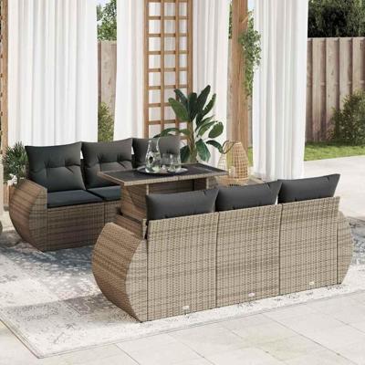 7-delige Loungeset met kussens poly rattan grijs