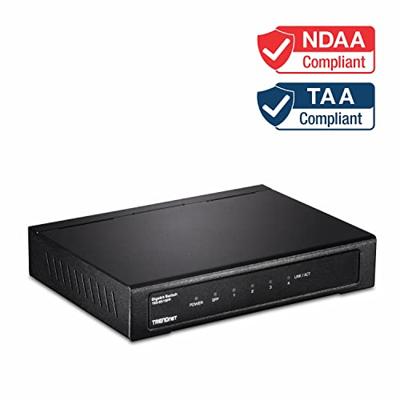 TRENDnet TEG-S51SFP 4-poorts Gigabit Switch met SFP-slot, 10 Gbps schakelcapaciteit, ventilatorloos ontwerp, metalen behuizing, magnetische bevestiging