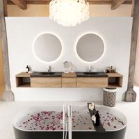 MONDIAZ BUKLA 280cm badmeubel met open module 40 L+R kleur Washed Oak met 3 lades. Wastafel CLOUD dubbel 2 kraangaten kleur Urban. - thumbnail