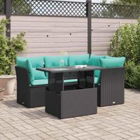5-delige Loungeset met kussens poly rattan acacia zwart - thumbnail