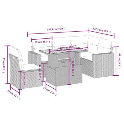 6-delige Loungeset met kussens poly rattan beige
